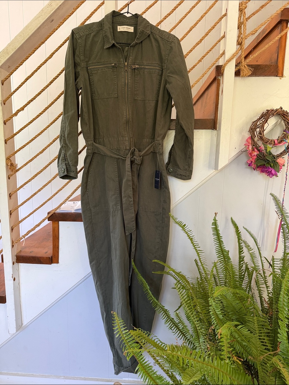 Lucky Brand Olive Utility Jumpsuit with Tie Waist